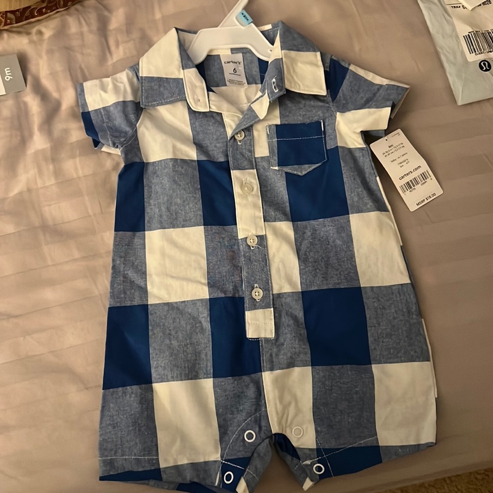 NWT Carters 6mo blue and white plaid romper